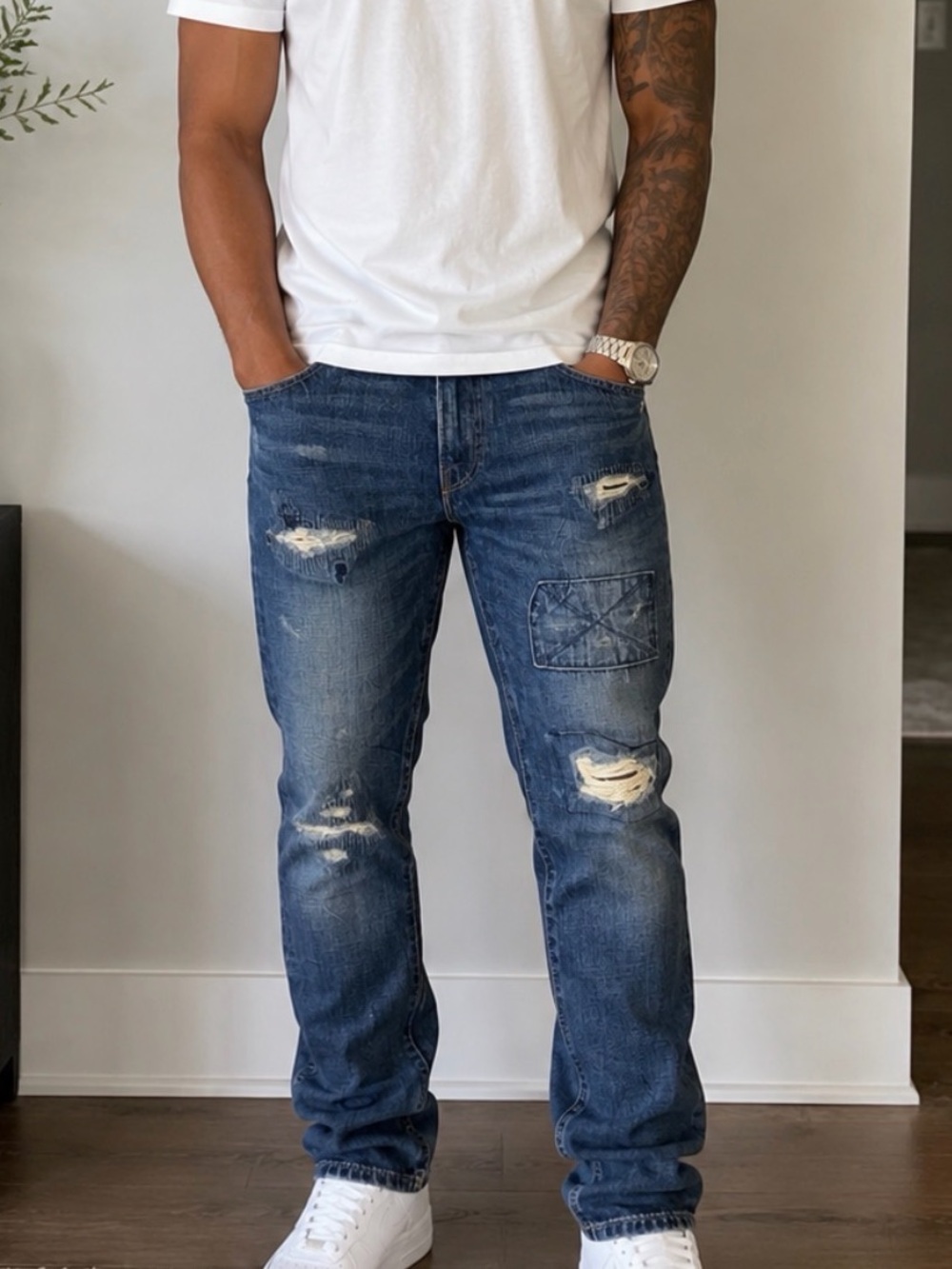 Polo Ralph Lauren Men's Sullivan Slim Patch Distress Blue Jeans New 34x32 EUC